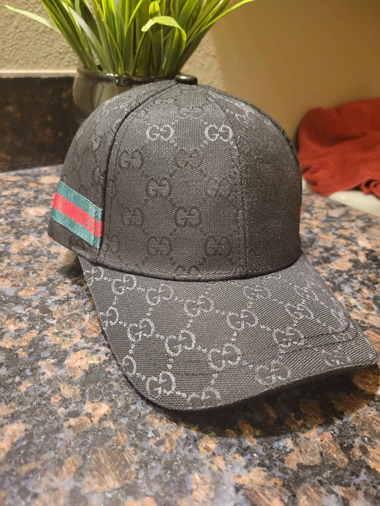 None Other - Gucci Monogram Black Baseball Cap with Signature Web Stripe - Black